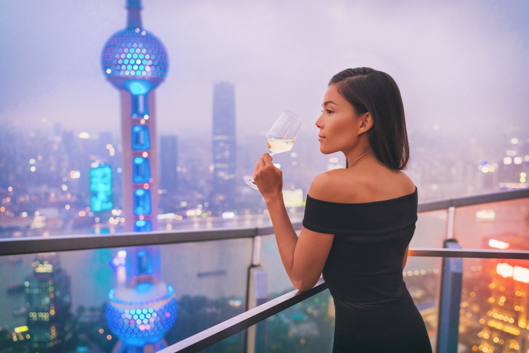 Luxury Shanghai Lifestyle Asian Woman Drinking White Wine in on